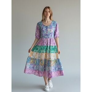 LA CERA Tiered Midi House Dress L Floral Cotton Cottagecore Boho Prairie Whimsy